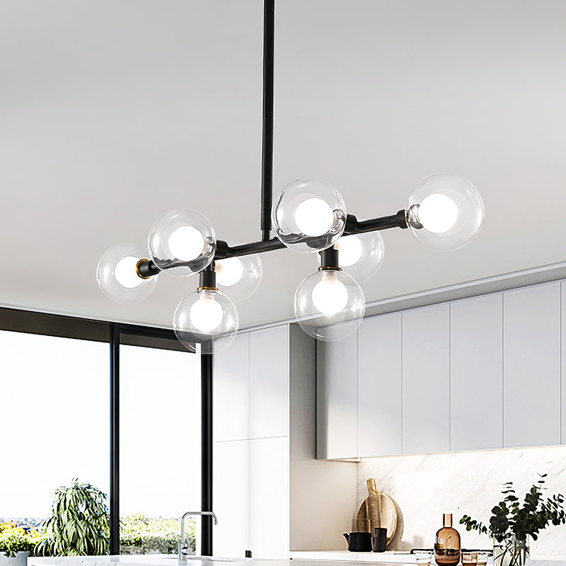 Contemporary Black Kitchen Island Lamp: Sleek 8-Head Hanging Light Kit with Clear Glass Shade