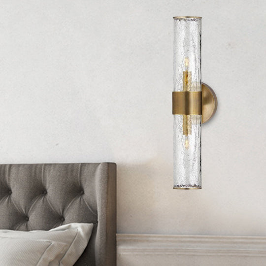 Contemporary Crackle Glass Wall Mounted Lighting: 2 Bulb Cylindrical Sconce in Brass