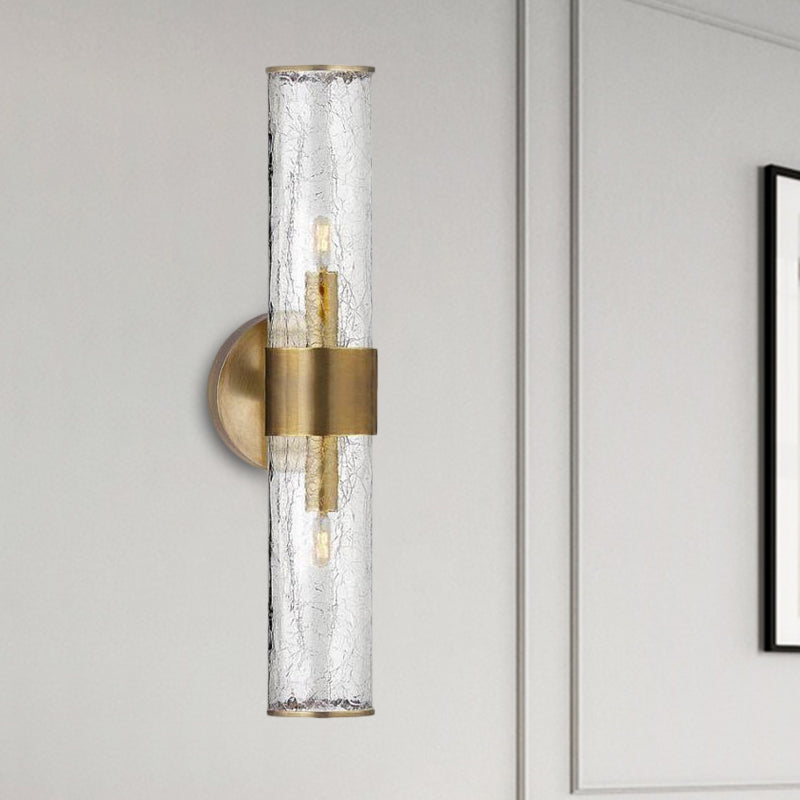 Contemporary Crackle Glass Wall Mounted Lighting: 2 Bulb Cylindrical Sconce in Brass