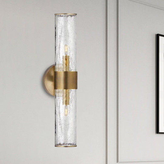 Contemporary Crackle Glass Wall Mounted Lighting: 2 Bulb Cylindrical Sconce in Brass