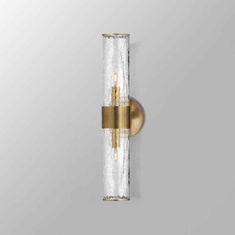 Contemporary Crackle Glass Wall Mounted Lighting: 2 Bulb Cylindrical Sconce in Brass
