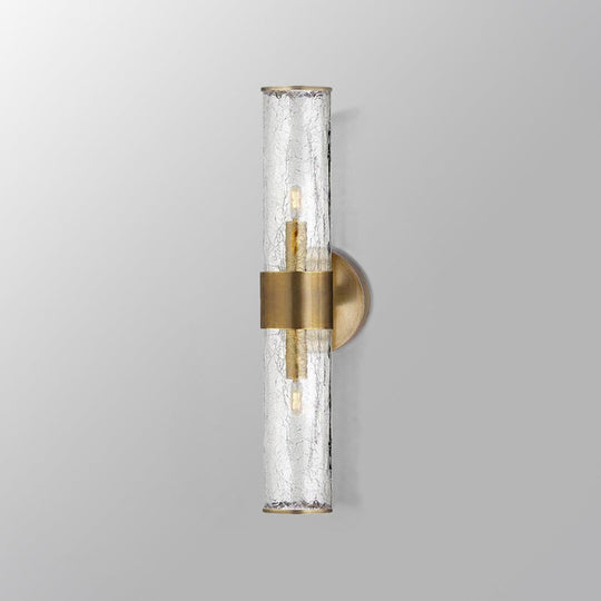 Contemporary Crackle Glass Wall Mounted Lighting: 2 Bulb Cylindrical Sconce in Brass