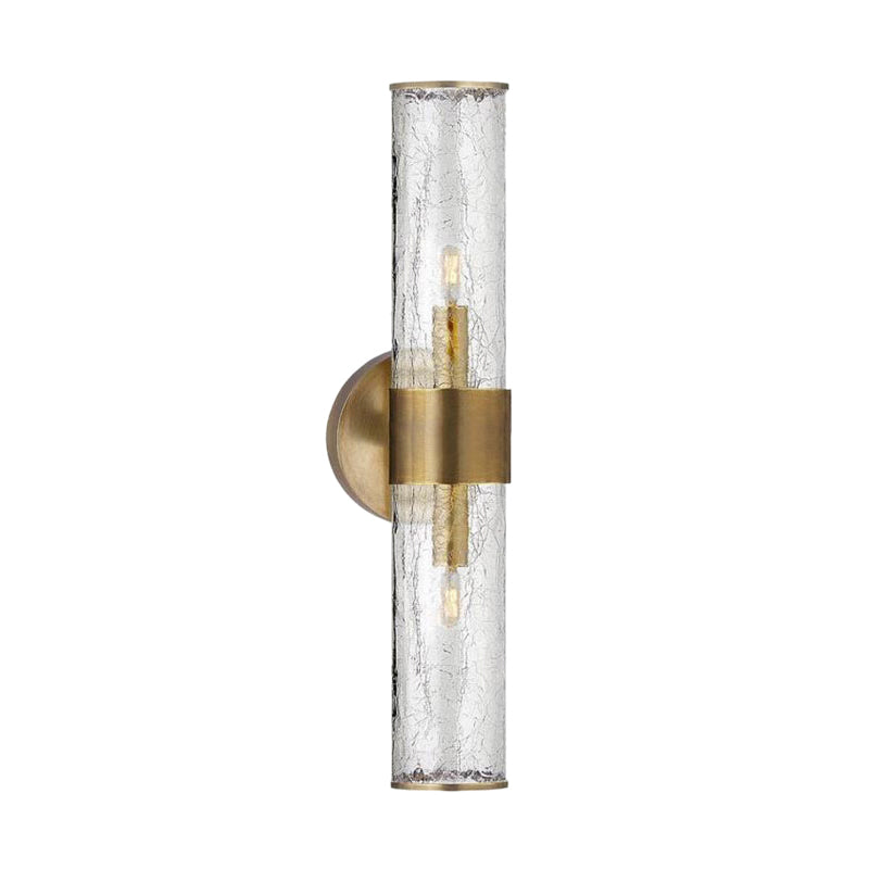 Contemporary Crackle Glass Wall Mounted Lighting: 2 Bulb Cylindrical Sconce in Brass