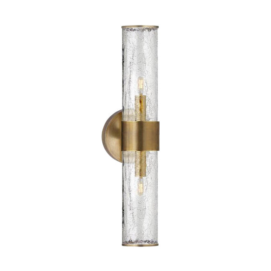Contemporary Crackle Glass Wall Mounted Lighting: 2 Bulb Cylindrical Sconce in Brass