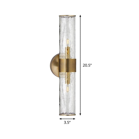 Contemporary Crackle Glass Wall Mounted Lighting: 2 Bulb Cylindrical Sconce in Brass