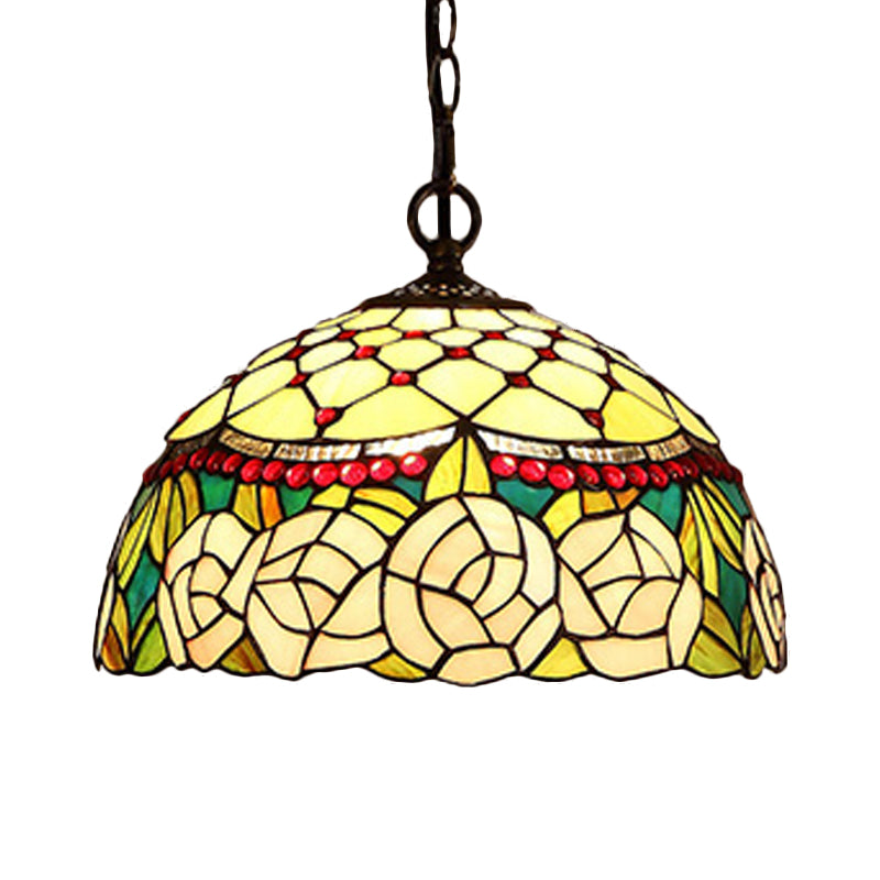 1/2-Light Mediterranean Bronze Kitchen Chandelier Pendant with Red/Yellow Glass Shade - 12"/16" W