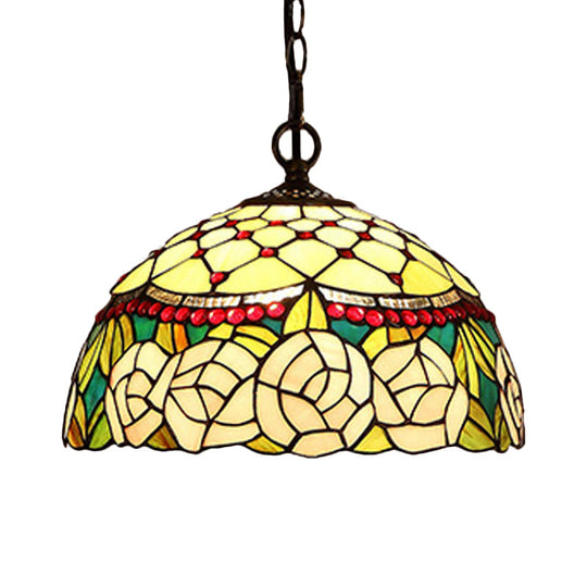 1/2-Light Mediterranean Bronze Kitchen Chandelier Pendant with Red/Yellow Glass Shade - 12"/16" W