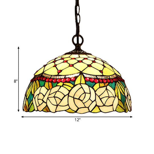 1/2-Light Mediterranean Bronze Kitchen Chandelier Pendant with Red/Yellow Glass Shade - 12"/16" W
