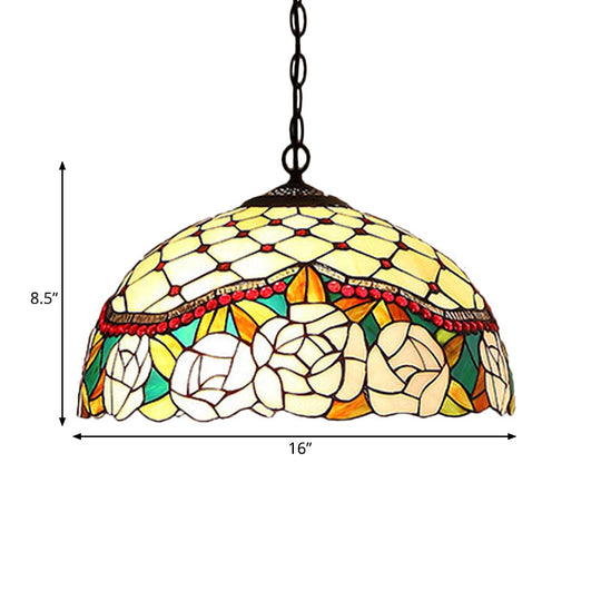 1/2-Light Mediterranean Bronze Kitchen Chandelier Pendant with Red/Yellow Glass Shade - 12"/16" W