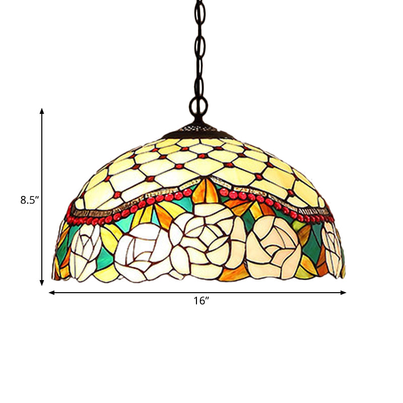 1/2-Light Mediterranean Bronze Kitchen Chandelier Pendant with Red/Yellow Glass Shade - 12"/16" W