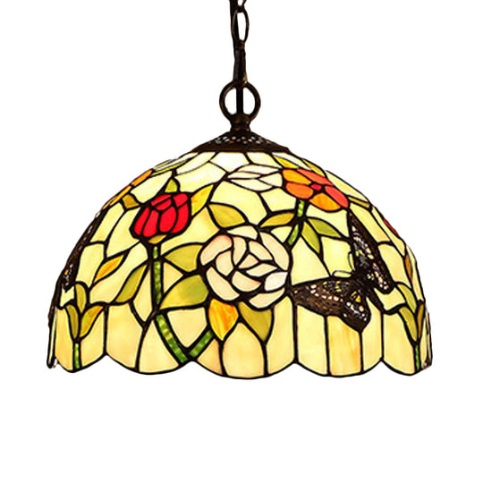 1/2-Light Mediterranean Bronze Kitchen Chandelier Pendant with Red/Yellow Glass Shade - 12"/16" W