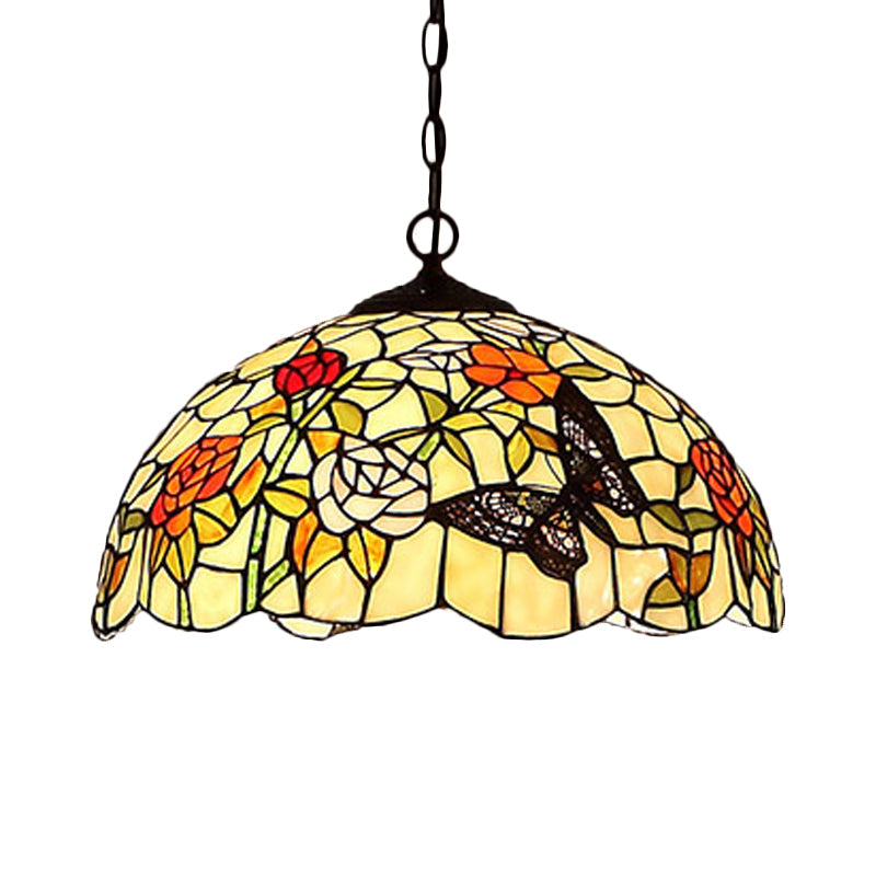 1/2-Light Mediterranean Bronze Kitchen Chandelier Pendant with Red/Yellow Glass Shade - 12"/16" W