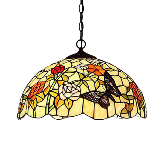 1/2-Light Mediterranean Bronze Kitchen Chandelier Pendant with Red/Yellow Glass Shade - 12"/16" W