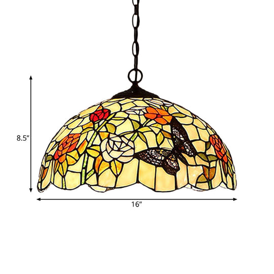 1/2-Light Mediterranean Bronze Kitchen Chandelier Pendant with Red/Yellow Glass Shade - 12"/16" W