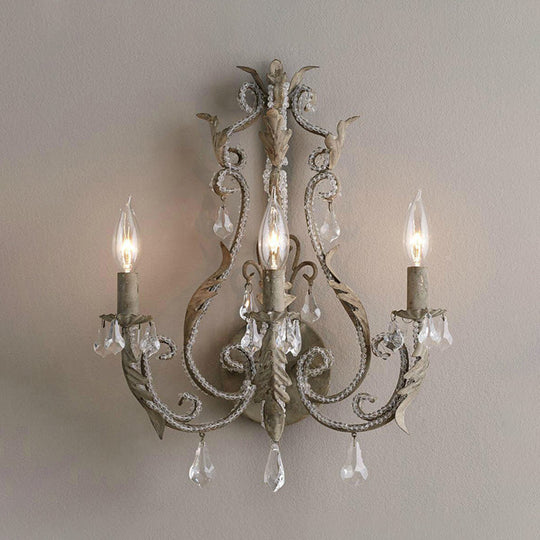 Classic 3-Head Crystal Wall Sconce in Grey/Ivory - Traditional Candlestick Wall Mount Lamp