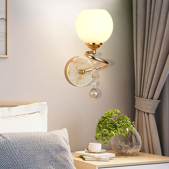 Traditional Frosted Glass Dome Sconce Light with Crystal Ball and Gold/Chrome Wall Mount