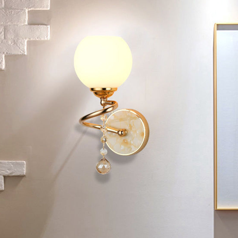 Traditional Frosted Glass Dome Sconce Light with Crystal Ball and Gold/Chrome Wall Mount