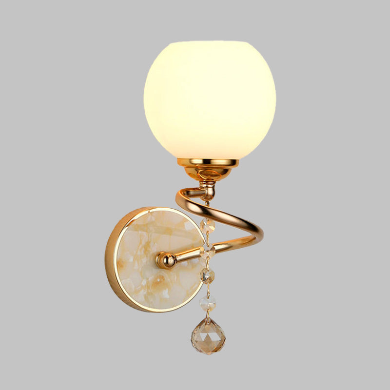 Traditional Frosted Glass Dome Sconce Light with Crystal Ball and Gold/Chrome Wall Mount