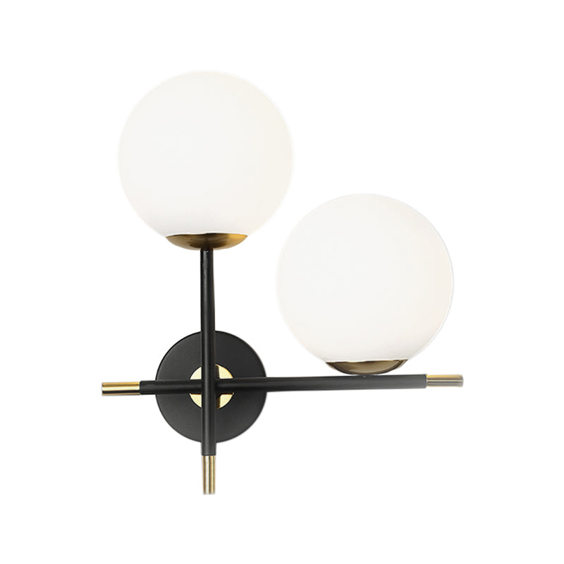 Modern Black Wall Sconce with Milky Glass Shade - 2 Bulbs, Globe Light Fixture