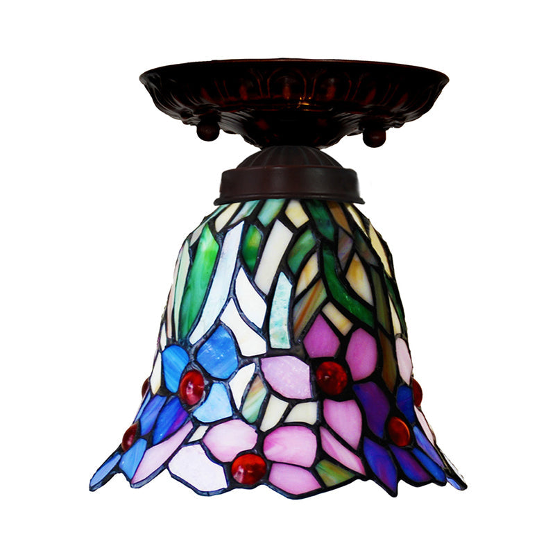 Victorian Bell Flush Mount Ceiling Lamp - Pink/Blue Stained Glass Bedroom Light Fixture with 1 Light