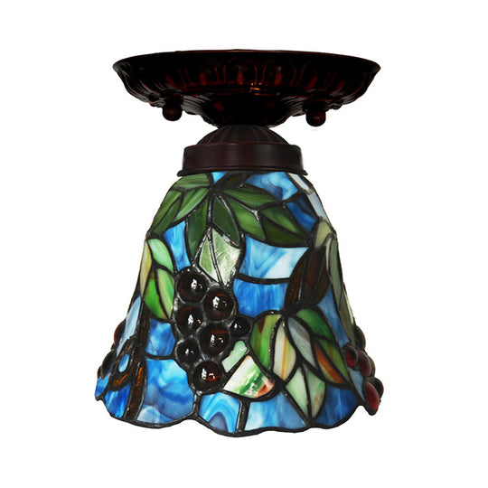 Victorian Bell Flush Mount Ceiling Lamp - Pink/Blue Stained Glass Bedroom Light Fixture with 1 Light