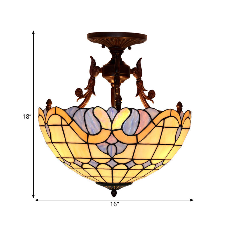 Dome Semi-Mount Tiffany Beige/Light Blue Glass Ceiling Light Fixture - Bronze, 3-Light - Living Room