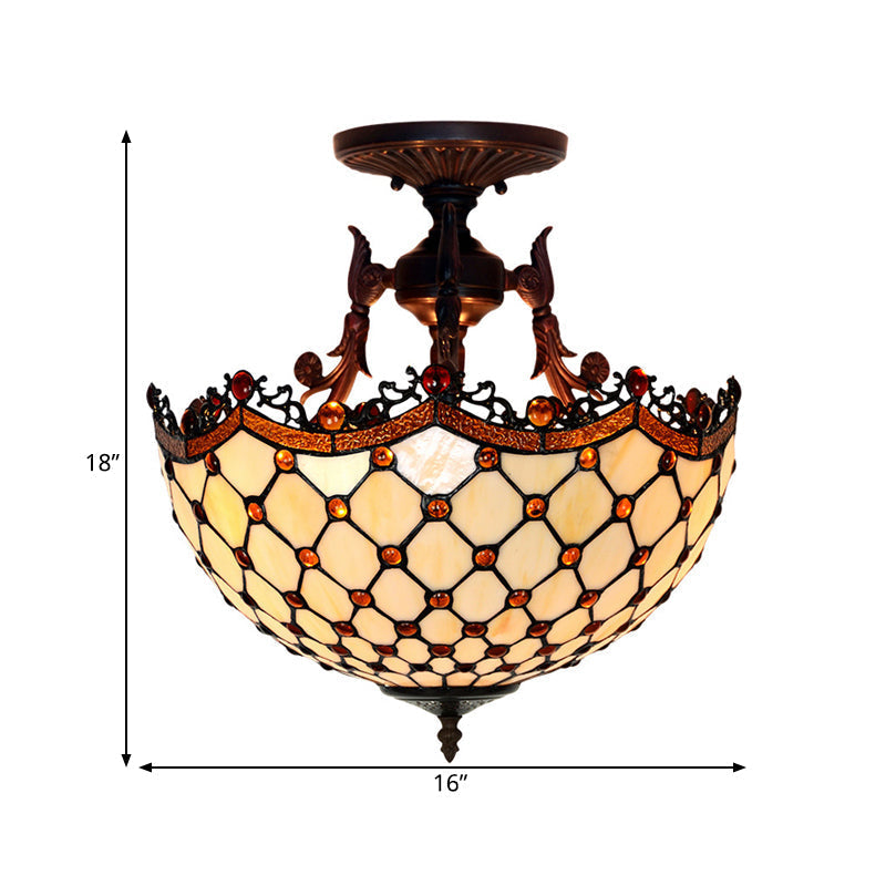 Dome Semi-Mount Tiffany Beige/Light Blue Glass Ceiling Light Fixture - Bronze, 3-Light - Living Room