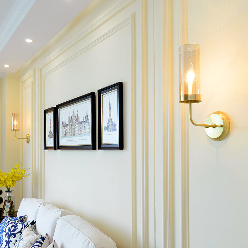 Curvy Metal Wall Lamp: Simple 1-Head Brass Sconce with Clear Glass Shade