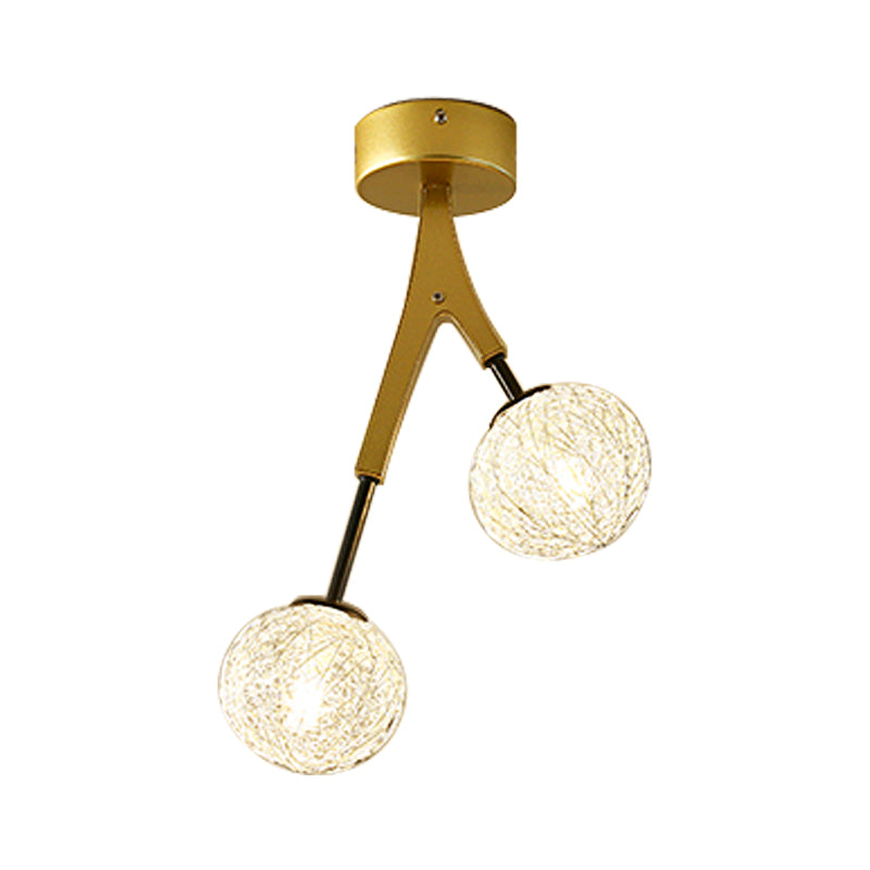 Gold Finish Handwoven Ball Semi Flush Light Fixture - Modern Ceiling Flush Mount