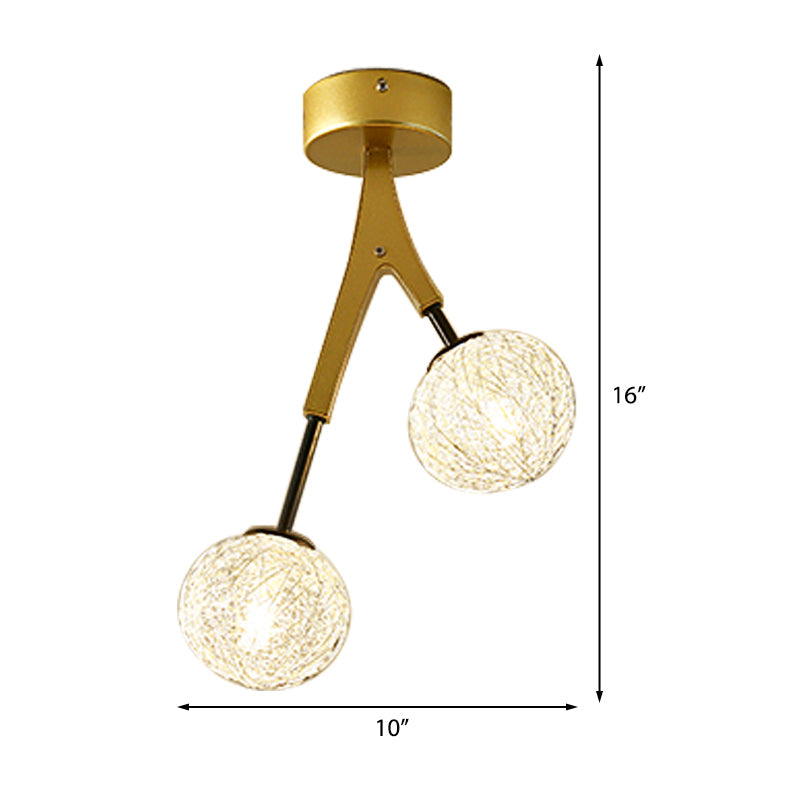Gold Finish Handwoven Ball Semi Flush Light Fixture - Modern Ceiling Flush Mount
