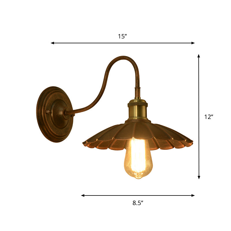 Antique Style Metal Wall Sconce with Scalloped Edge, Weathered Copper Finish and Gooseneck Arm - 1 Bulb Light Fixture
