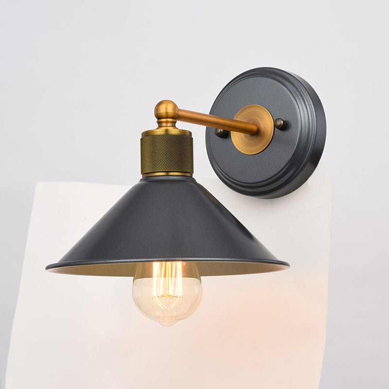Vintage Style Metal Wall Sconce - Cone Shade, Black & Gold, Mountable Lamp, Single Bulb