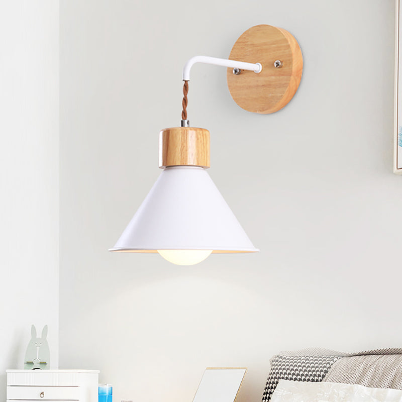 Metallic Nordic Wall Sconce with Wooden Cap - Stylish Cone Shade, 1 Light, Blue/Pink/White