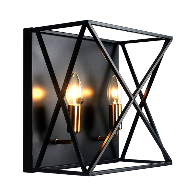 Farmhouse Style Metal Sconce Light Fixture - 2 Bulb Black Finish Wall Lamp with Wire Frame