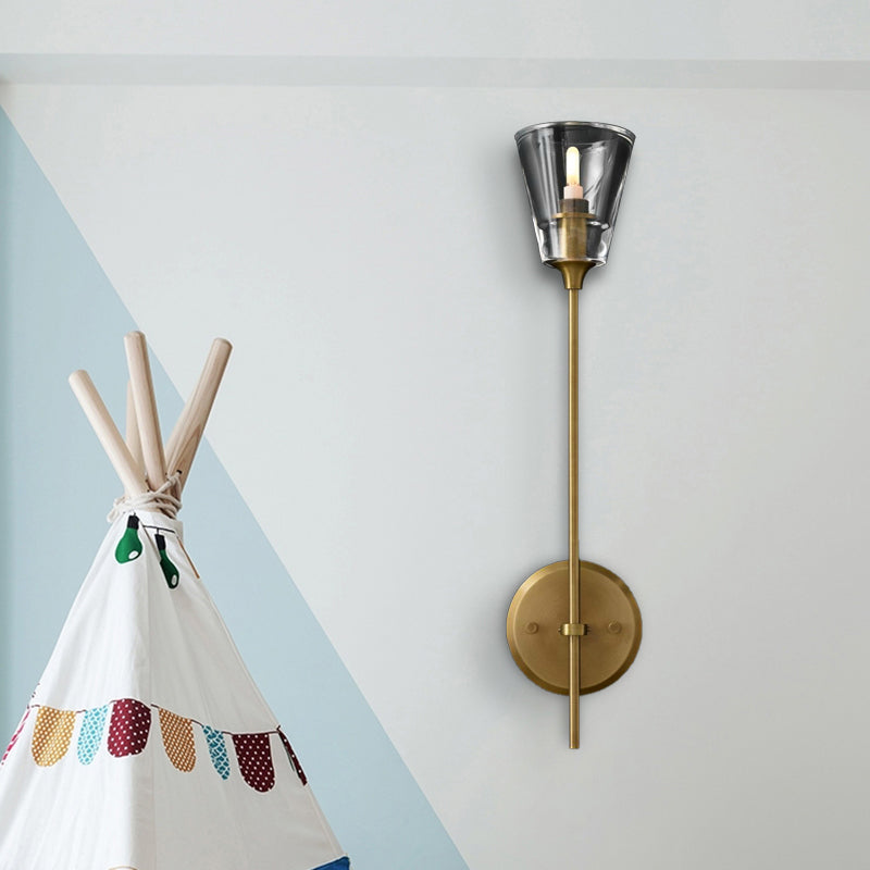Retro Clear Glass Conical Bathroom Wall Lamp - Black/Brass LED Wall Mount Lighting (1/2 Lights)