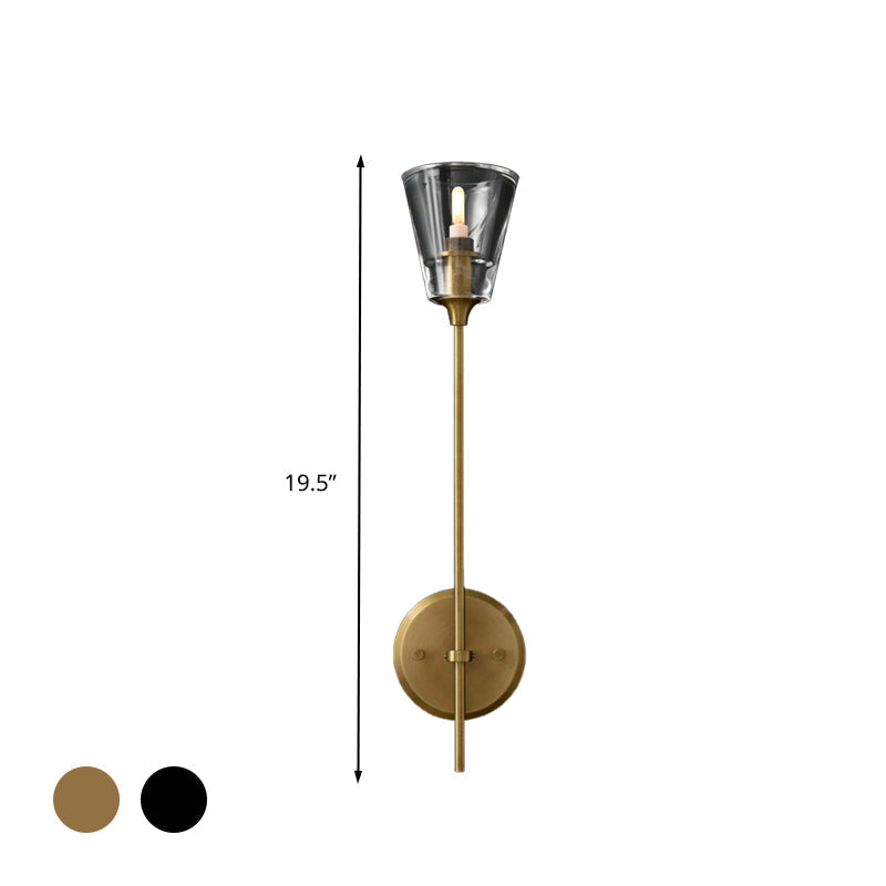 Retro Clear Glass Conical Bathroom Wall Lamp - Black/Brass LED Wall Mount Lighting (1/2 Lights)