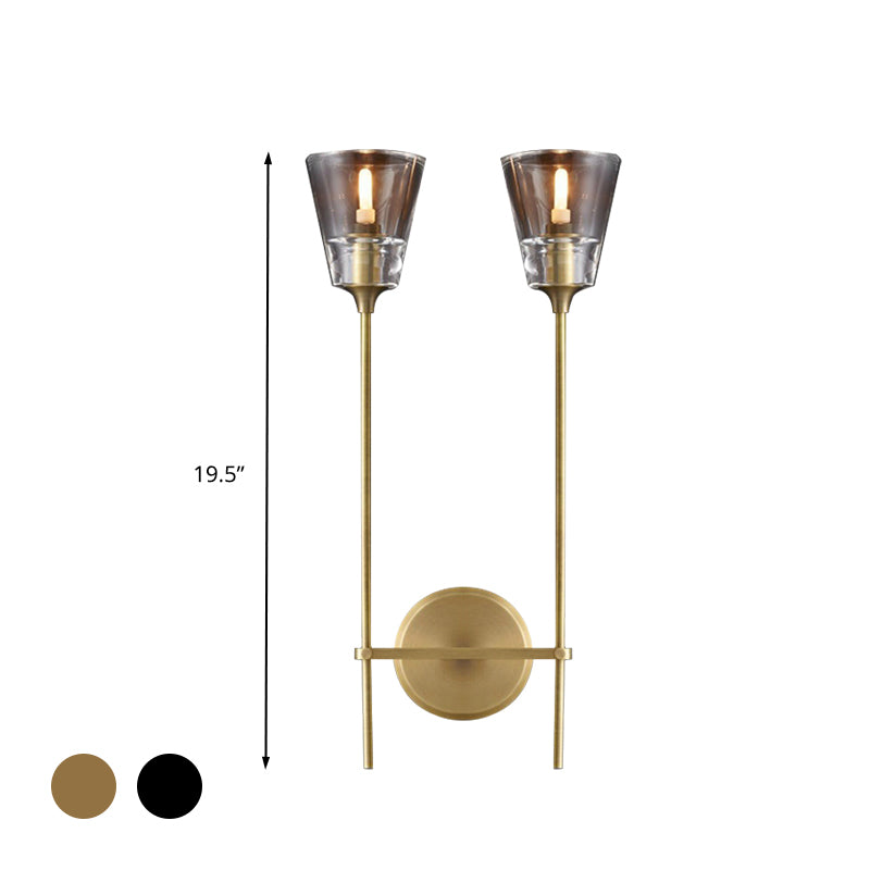 Retro Clear Glass Conical Bathroom Wall Lamp - Black/Brass LED Wall Mount Lighting (1/2 Lights)