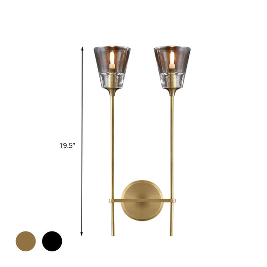 Retro Clear Glass Conical Bathroom Wall Lamp - Black/Brass LED Wall Mount Lighting (1/2 Lights)