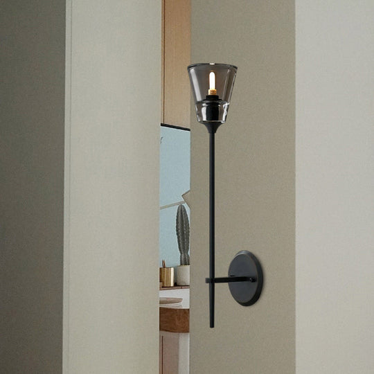 Retro Clear Glass Conical Bathroom Wall Lamp - Black/Brass LED Wall Mount Lighting (1/2 Lights)