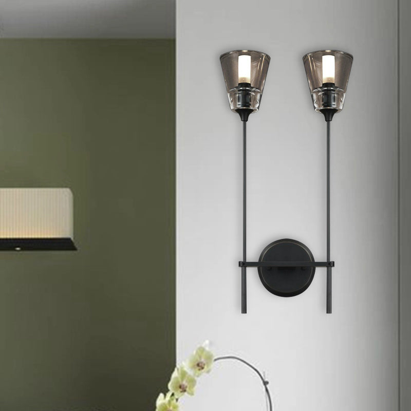 Retro Clear Glass Conical Bathroom Wall Lamp - Black/Brass LED Wall Mount Lighting (1/2 Lights)