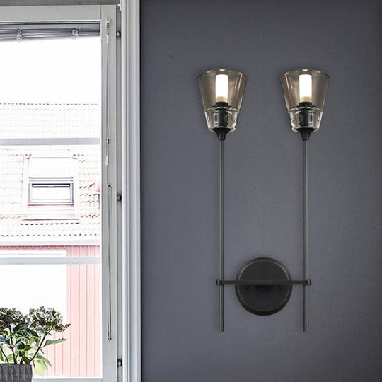 Retro Clear Glass Conical Bathroom Wall Lamp - Black/Brass LED Wall Mount Lighting (1/2 Lights)