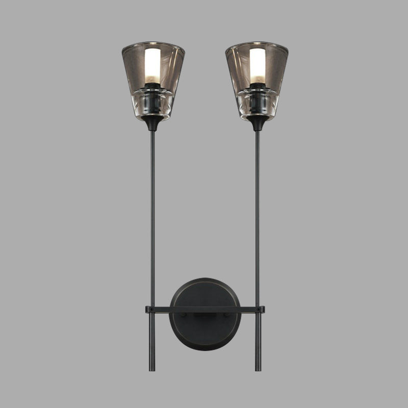 Retro Clear Glass Conical Bathroom Wall Lamp - Black/Brass LED Wall Mount Lighting (1/2 Lights)
