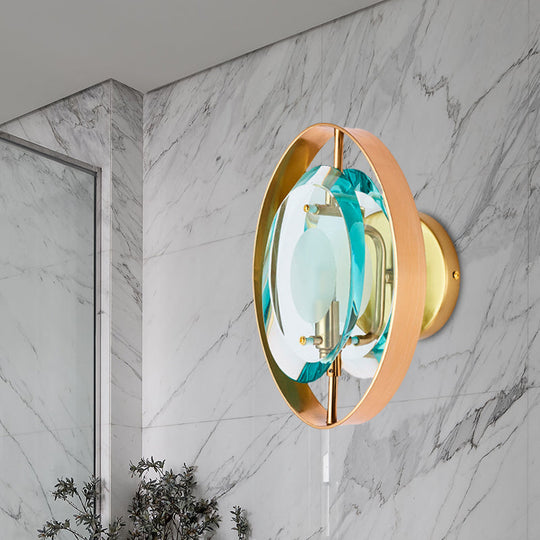 Vintage Gold Wall Sconce with Green Crystal Elliptical Shade and Circular Backplate