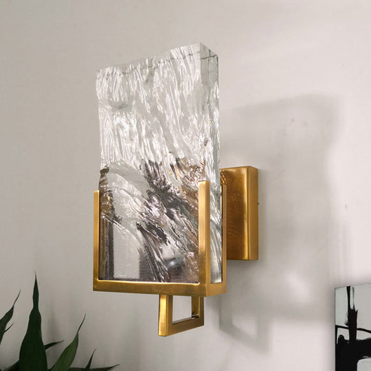 Vintage Rectangle Wall Lamp with Clear Crystal Glass and LED Lighting in Gold