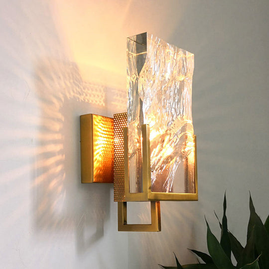 Vintage Rectangle Wall Lamp with Clear Crystal Glass and LED Lighting in Gold