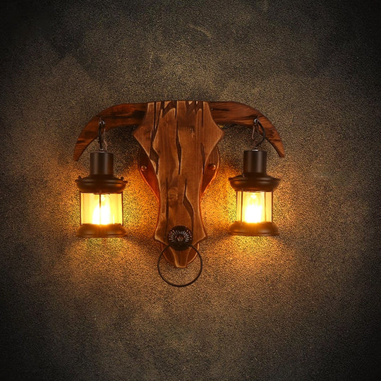 Bull Shaped Sconce Wall Lamp - Retro Style with 2 Bulbs, Wood and Metal, Lantern Shade