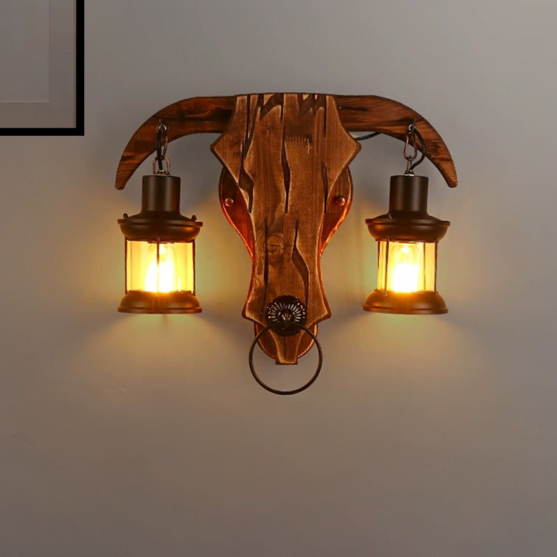 Bull Shaped Sconce Wall Lamp - Retro Style with 2 Bulbs, Wood and Metal, Lantern Shade