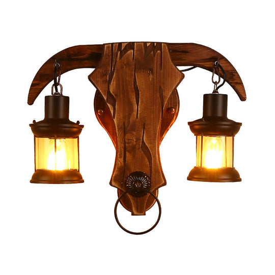 Bull Shaped Sconce Wall Lamp - Retro Style with 2 Bulbs, Wood and Metal, Lantern Shade