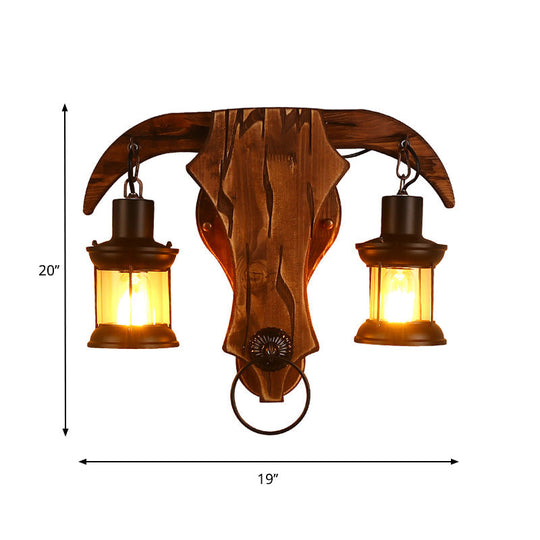 Bull Shaped Sconce Wall Lamp - Retro Style with 2 Bulbs, Wood and Metal, Lantern Shade