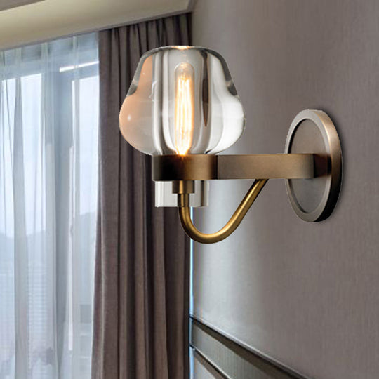 Retro K9 Crystal Wall Lamp - Tapered 1/2 Heads Indoor Light Fixture in Brass with Curved Metal Arm